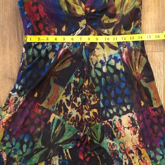 V neck cap sleeve cinch empire bust drop pleats semi sheer layered petite dress - Picture 6 of 7